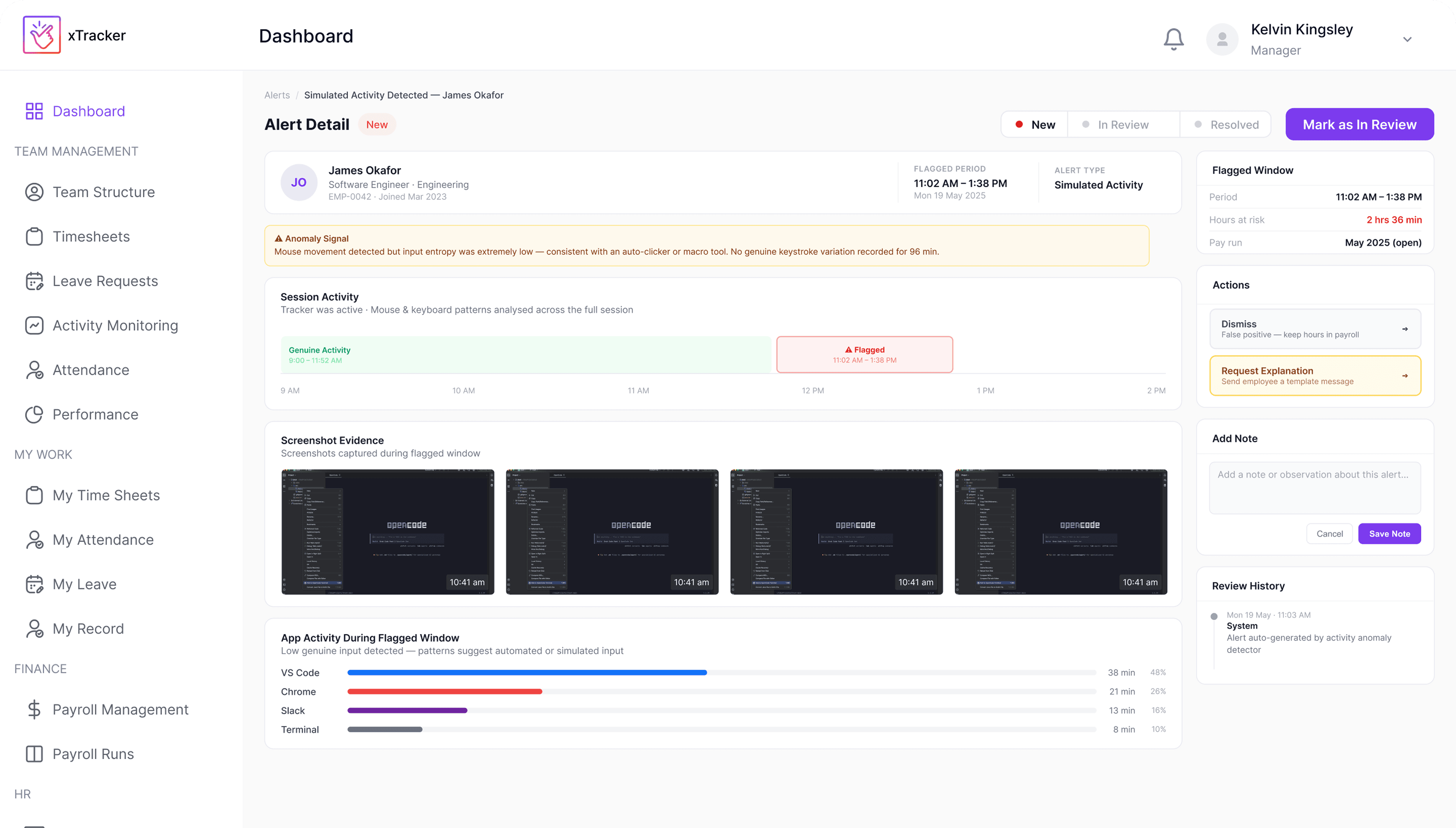 Alert detail showing flagged activity with screenshot evidence