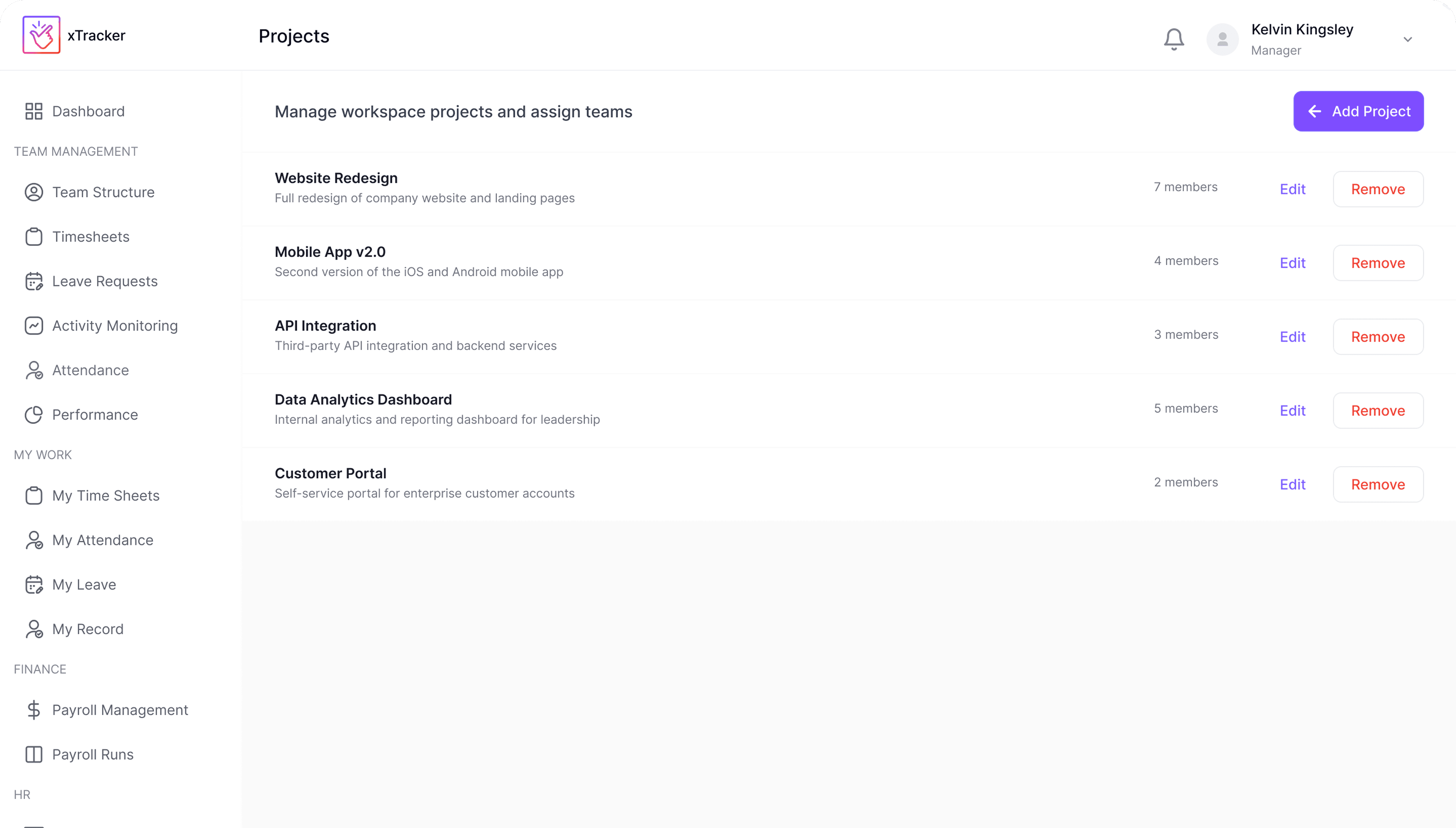 Projects list with members assigned to each